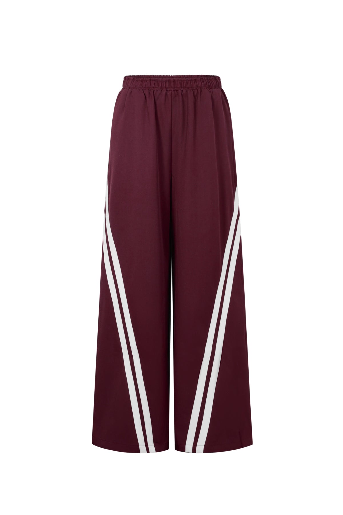 Bordeaux polyester broek met witte racing stripes en elastische taille