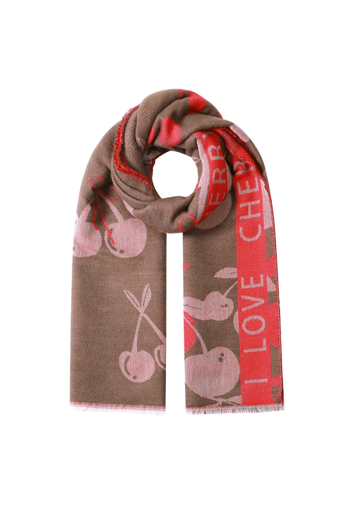 Bordeaux roze sjaal met kersen print patroon van acryl