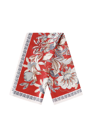 Rode polyester sjaal met tropische bloemenprint in oranje tinten