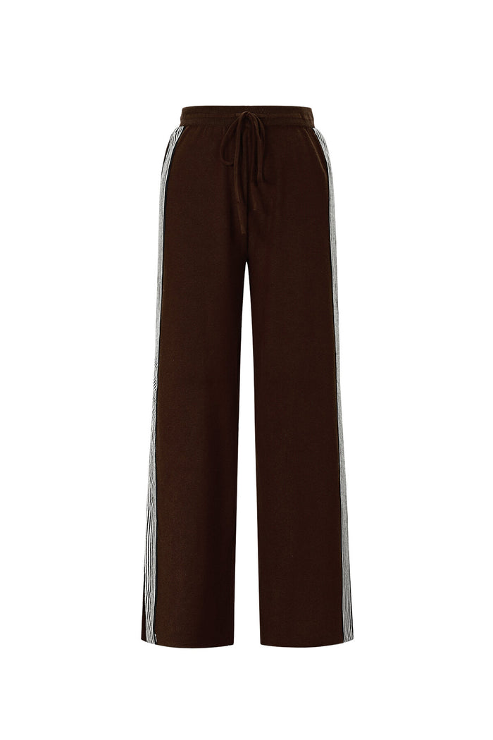 Bruine wide leg broek met witte strepen langs de zijnaden en elastische taille