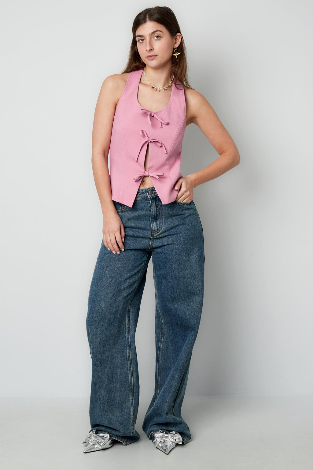 Woven Polyester Fiber Women's Sleeveless Top Casual Bow Detail