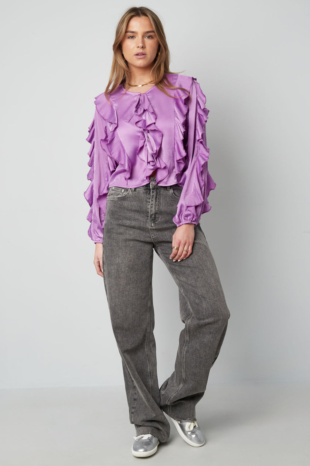 Polyester Women's Long Sleeve Top Ruffled Front Tie
