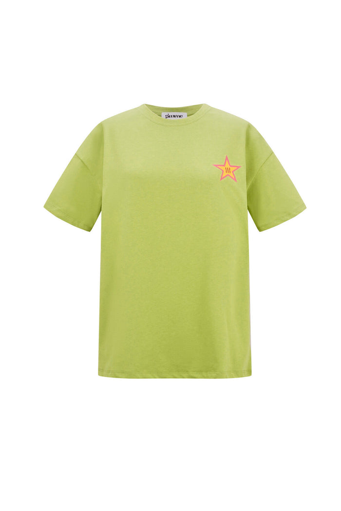 Lime groen katoenen t-shirt met oranje ster borduursel