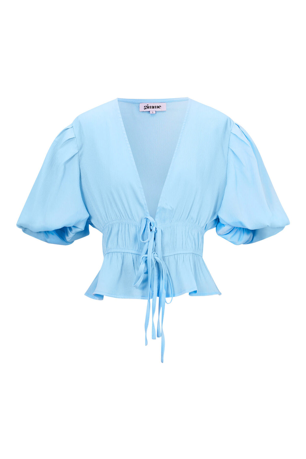 Hemelsblauwe polyester top met ballonmouwen en strikband