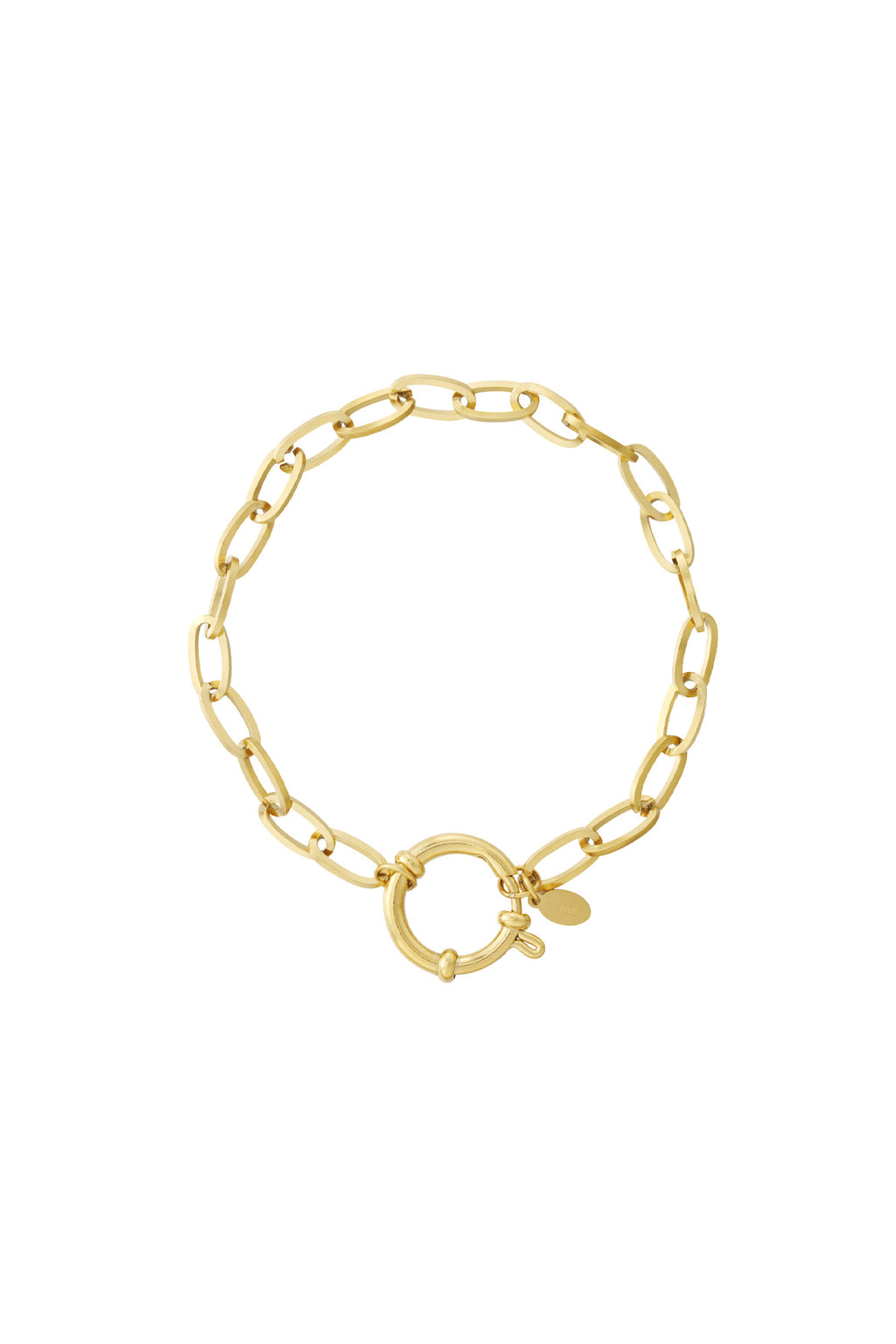 Goudkleurige armband met grove rechthoekige schakels en ronde sluiting