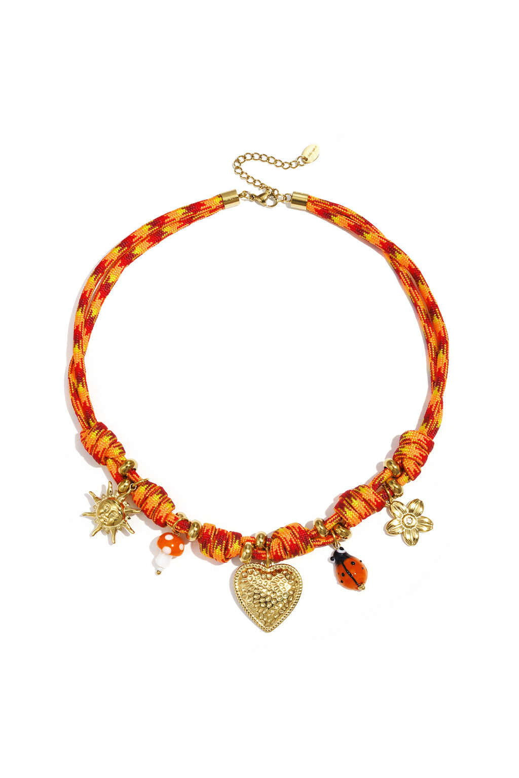 Oranje gevlochten touw ketting met gouden hart, bloem en ster charmes