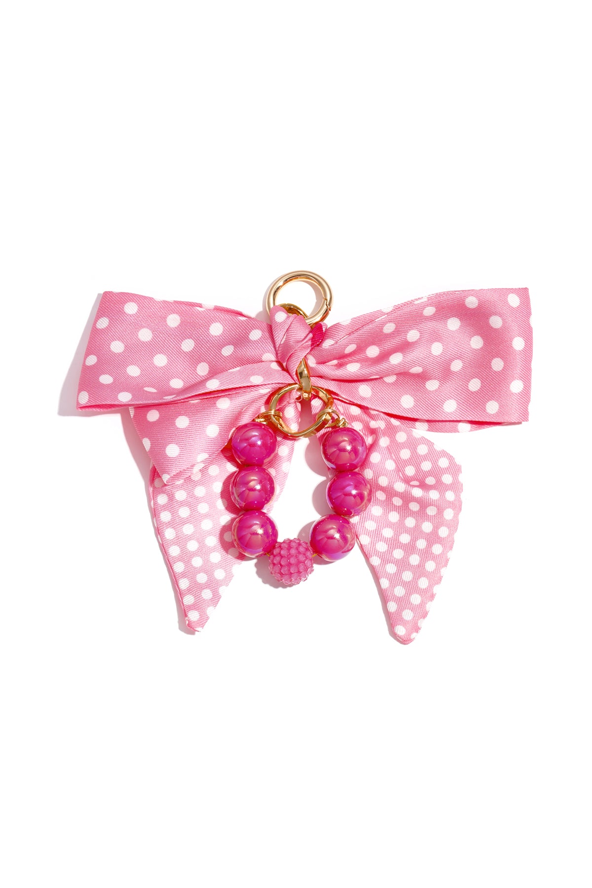 Roze polkadot strik tasaccessoire met roze kralen en gouden ring