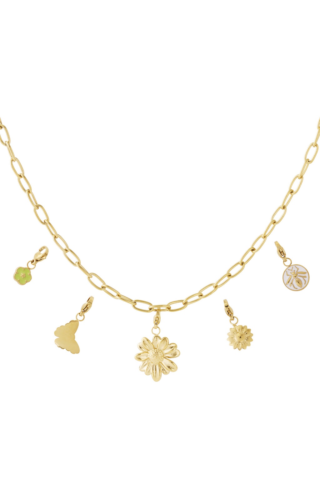 Gouden charm ketting met gedetailleerde bloem hangers met emaille accenten