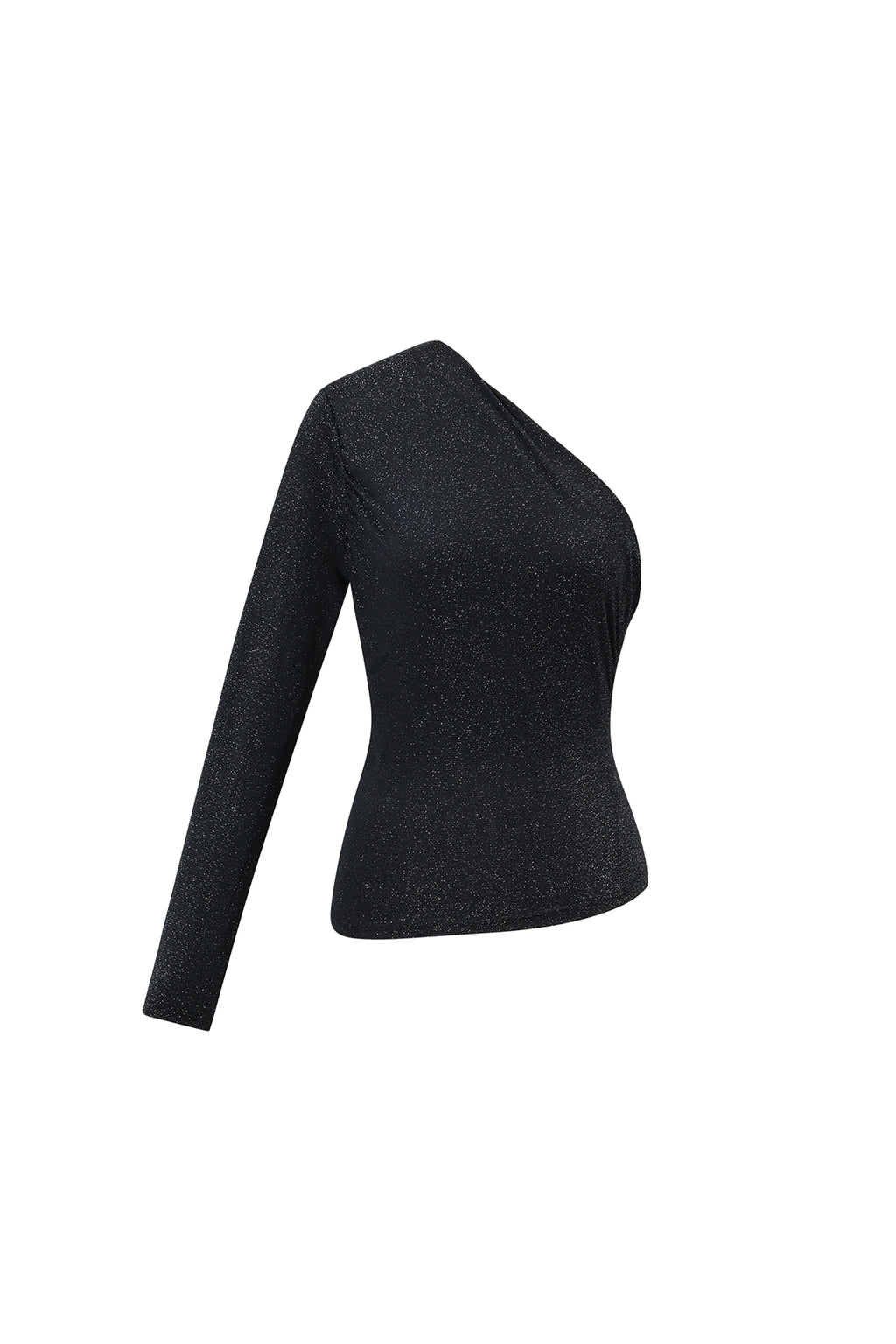 Zwarte glitter top met asymmetrische one-shoulder snit