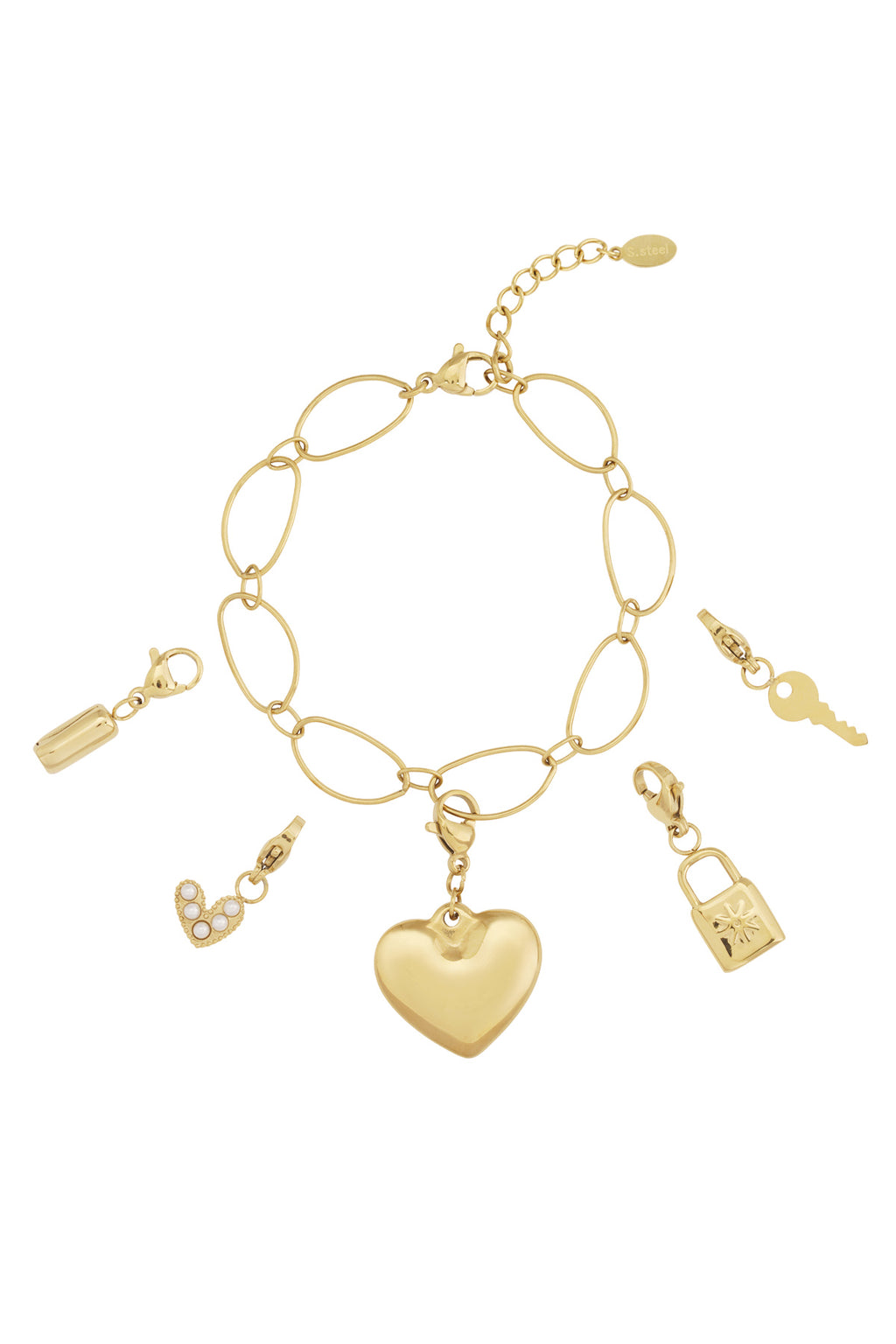 Goudkleurige ovale schakel armband met groot hart bedel