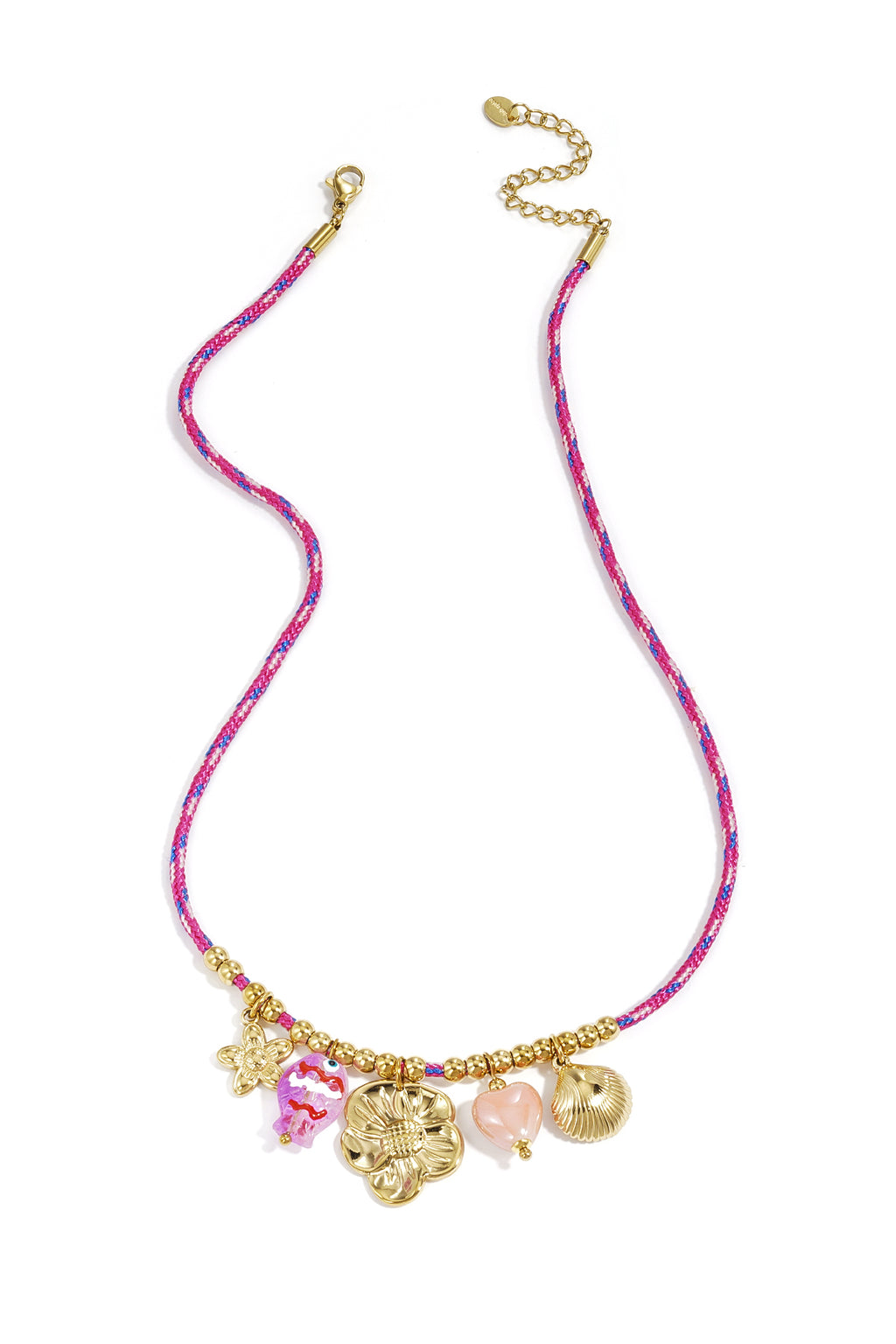 Roze touw ketting met goudkleurige hart, vis en bloem charmes in korte lengte