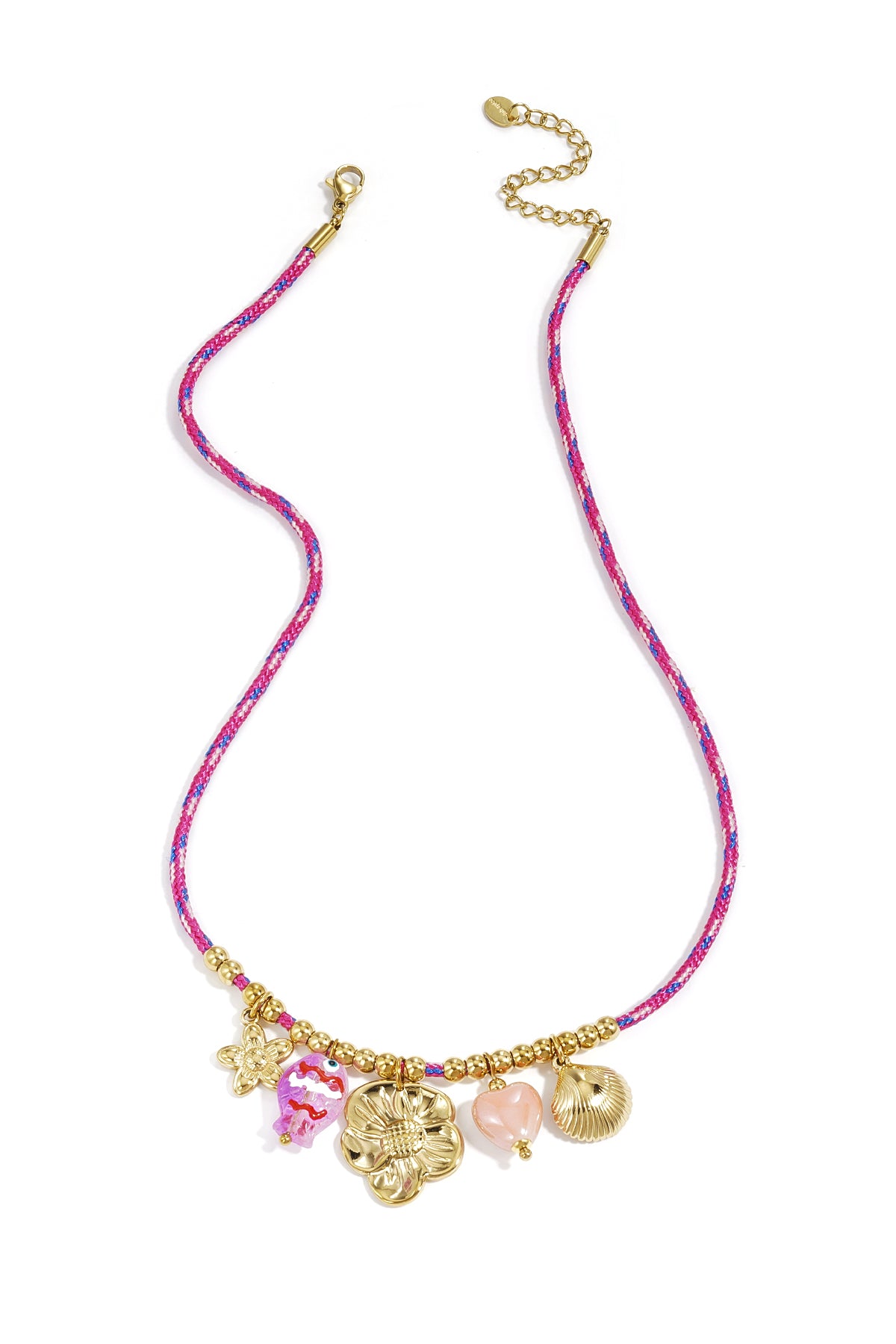 Roze touw ketting met goudkleurige hart, vis en bloem charmes in korte lengte