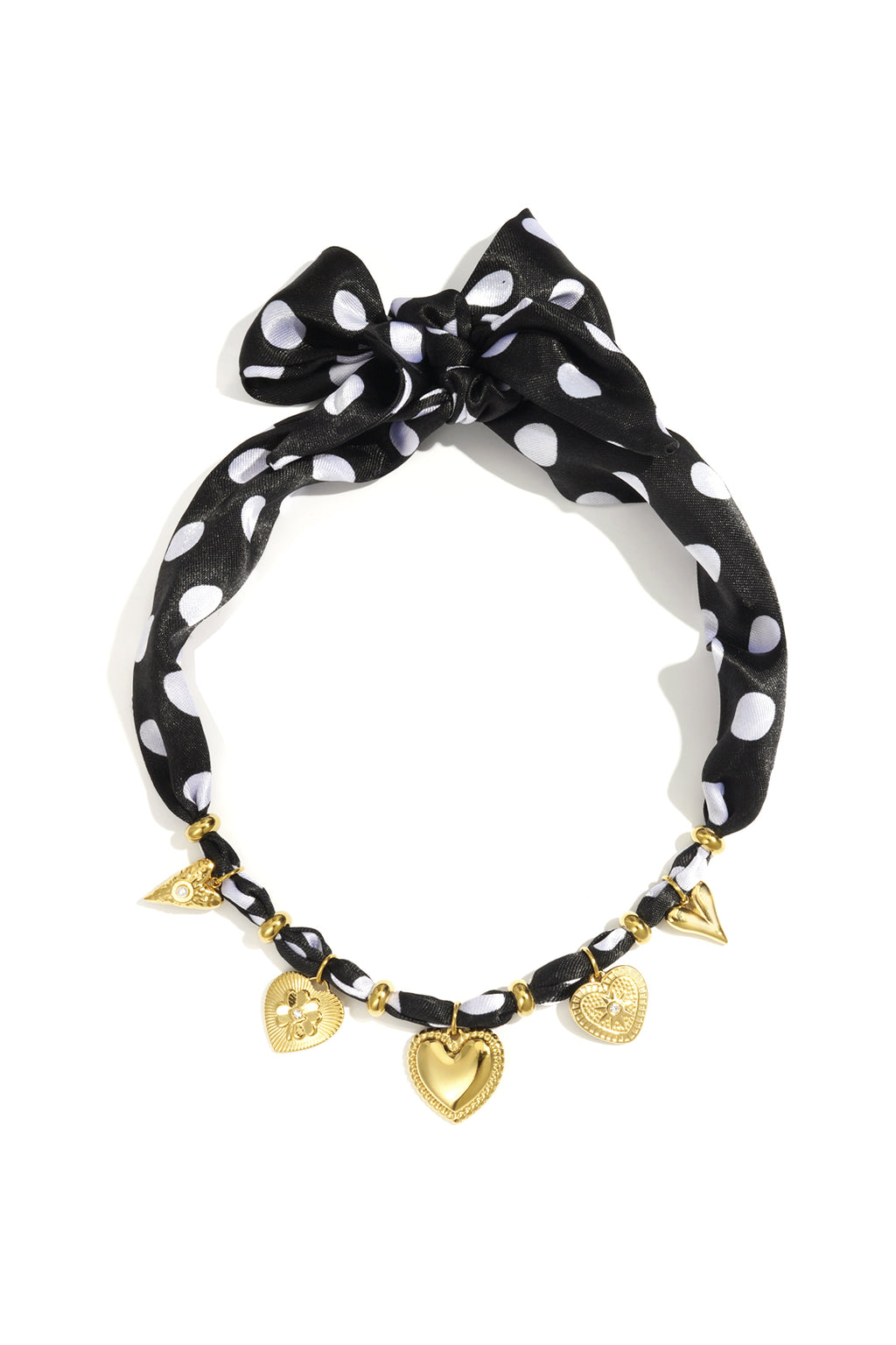 Zwarte polkadot sjaal ketting met goudkleurige hart charmes