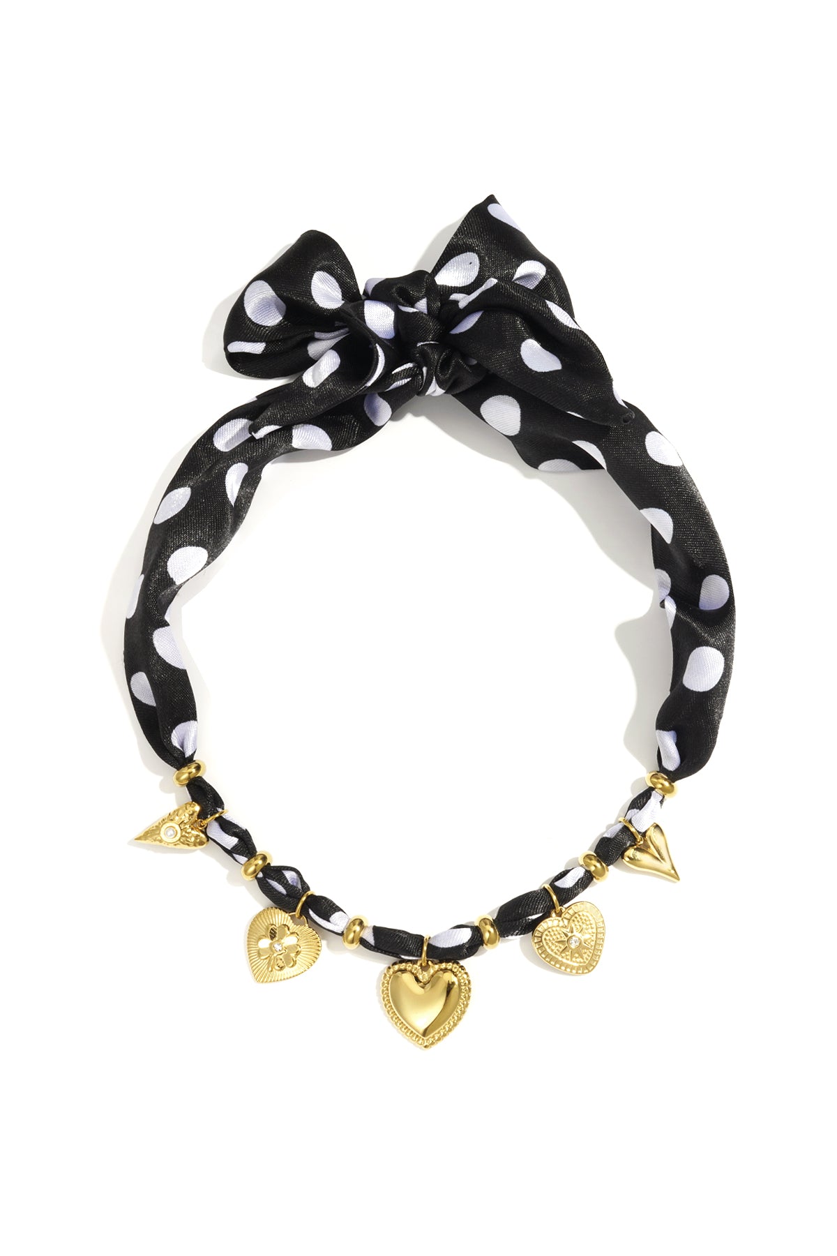 Zwarte polkadot sjaal ketting met goudkleurige hart charmes
