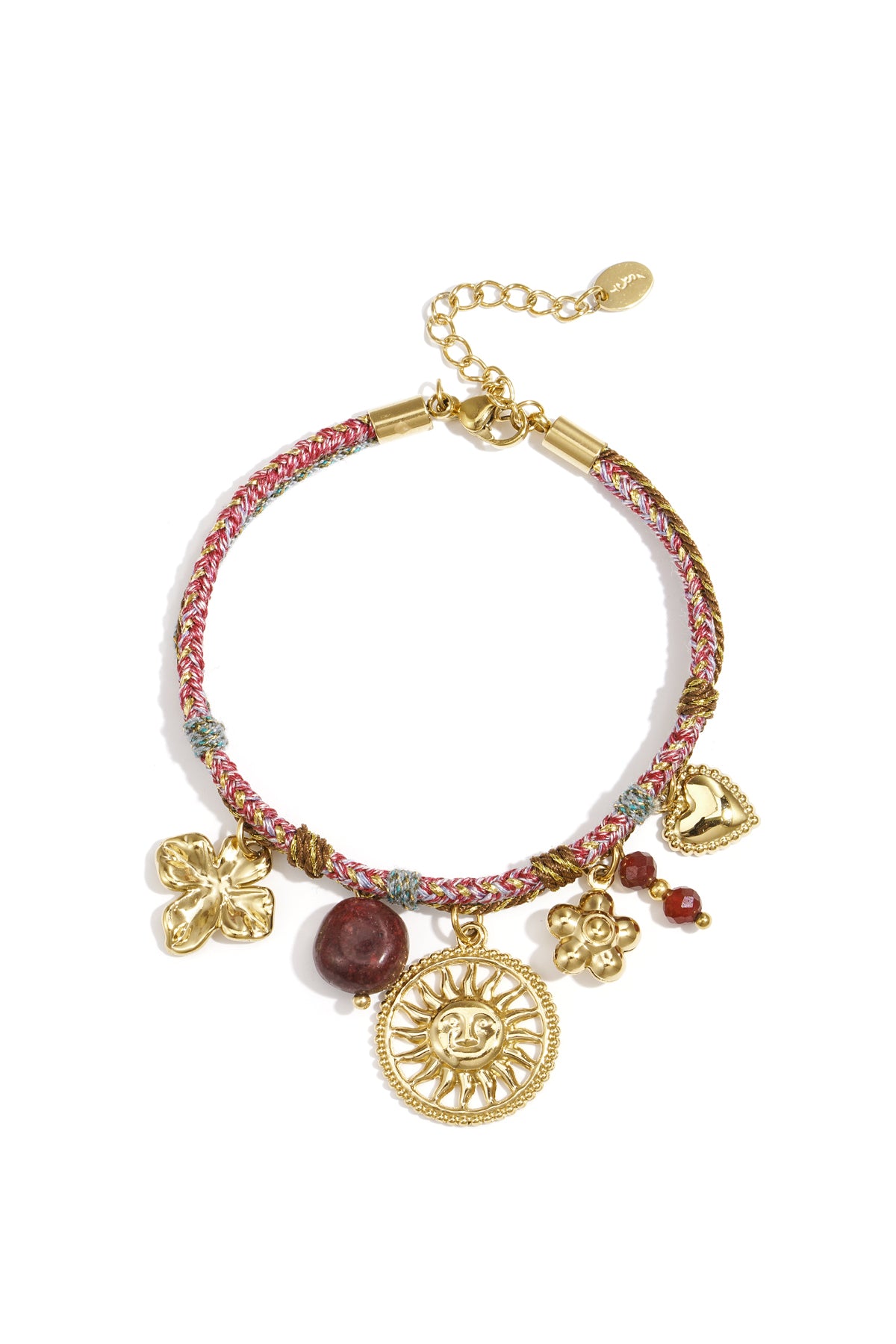 Gouden zon charmes armband met gevlochten koord en natuursteen kralen