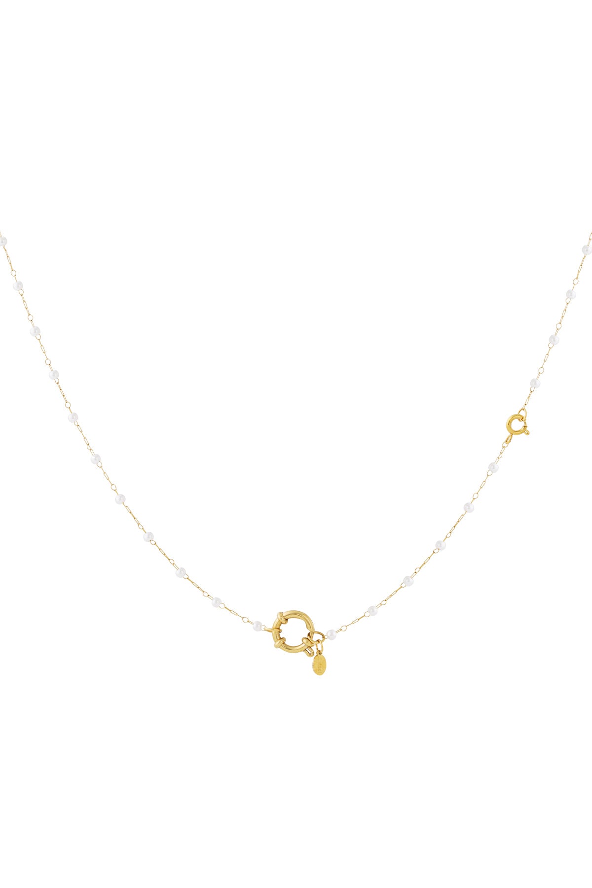 Gouden ketting met slot charm en witte parels, 14K goud geplateerd