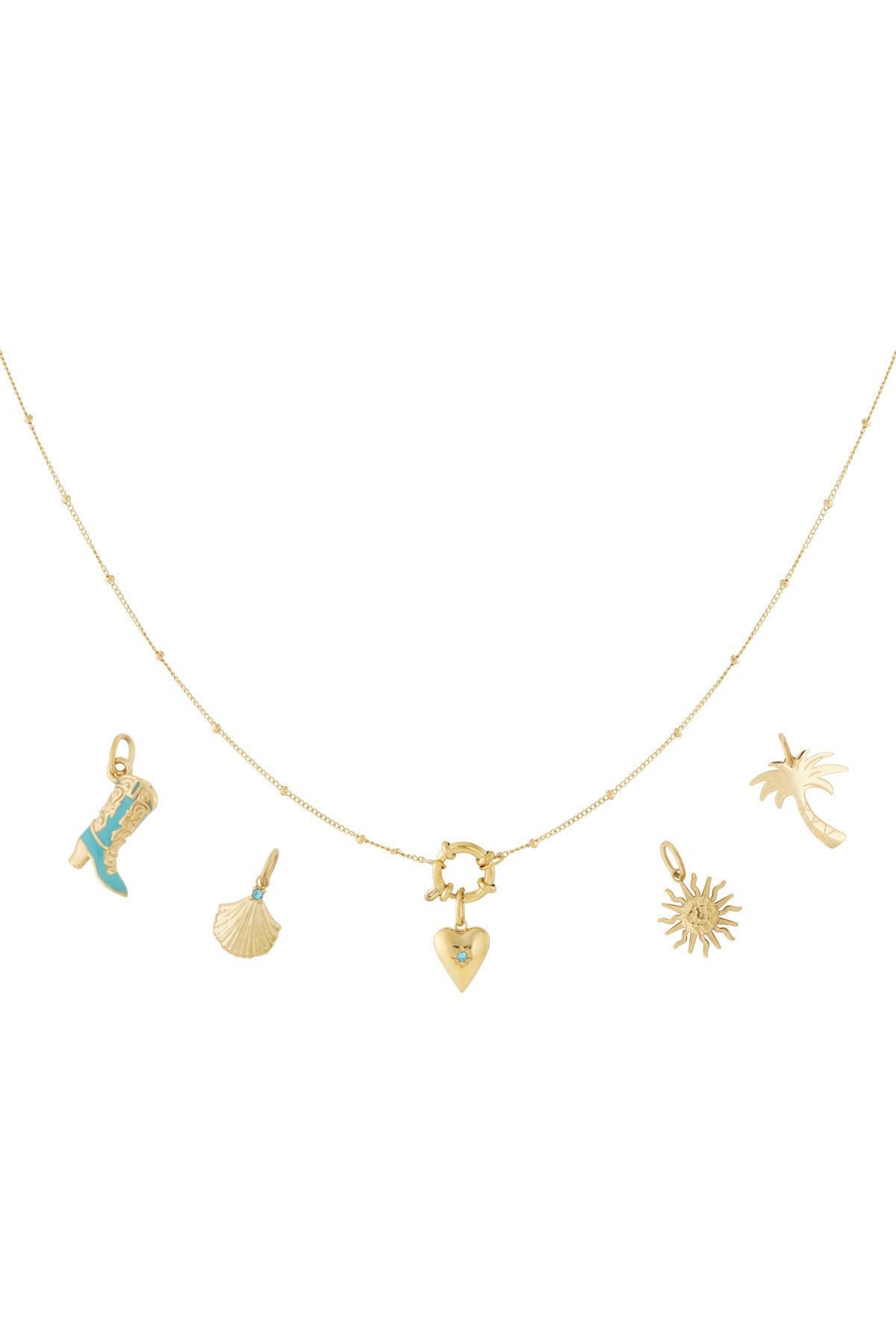Gouden charm ketting met hart, laars, schelp en andere vakantie charmes