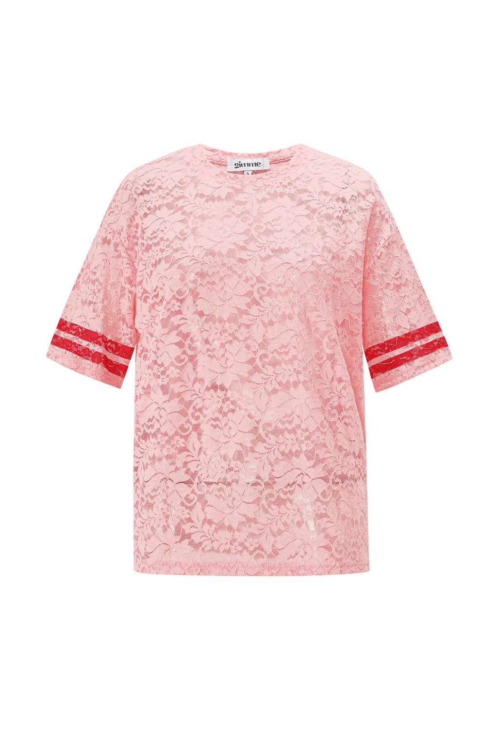 Roze kant shirt met rode sporty strepen op de mouwen