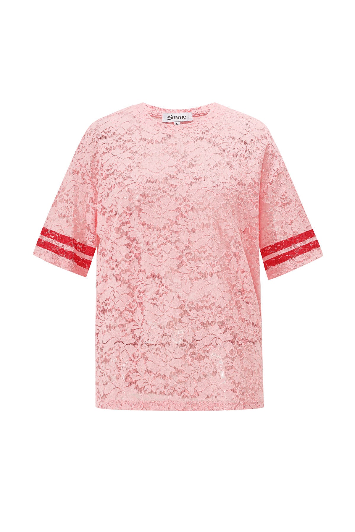 Roze kant shirt met rode sporty strepen op de mouwen