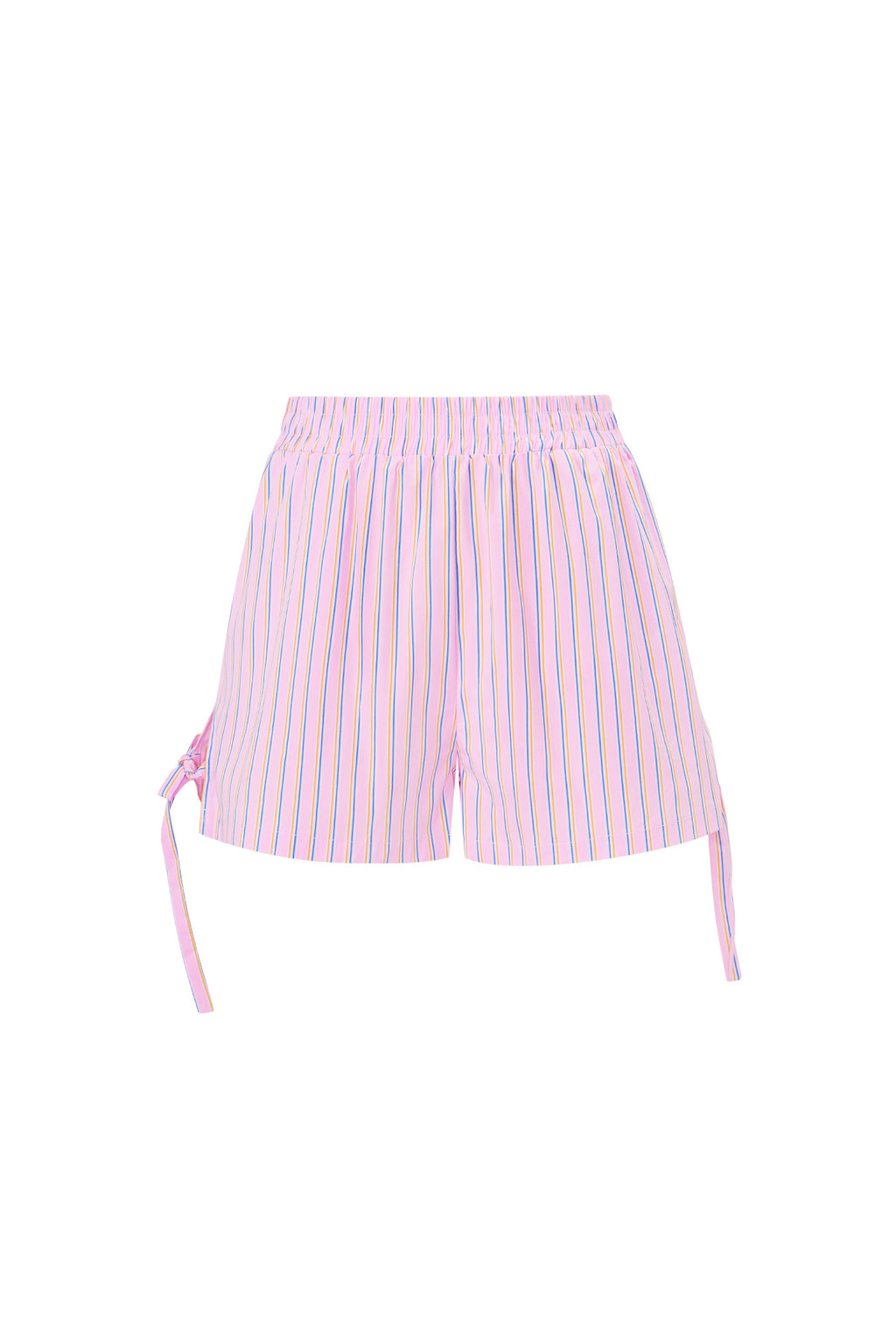 Roze gestreepte katoenen short met witte strepen en strikdetails aan zijkant