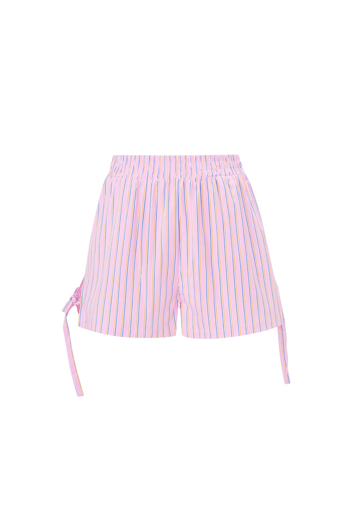 Roze gestreepte katoenen short met witte strepen en strikdetails aan zijkant