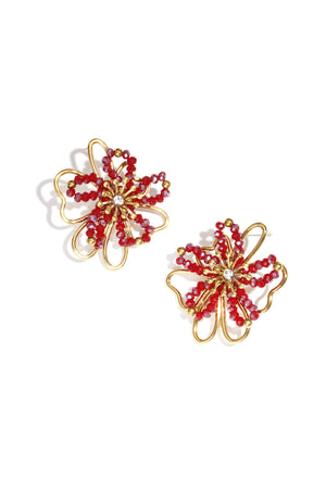Goudkleurige bloem stud oorbellen met oranje kristal accenten