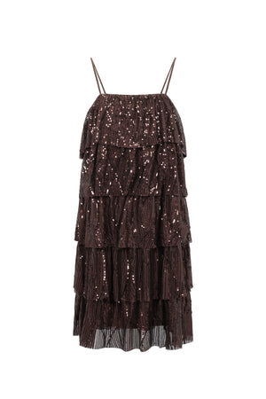 Zwarte mini jurk met sequins, franje en spaghettibandjes