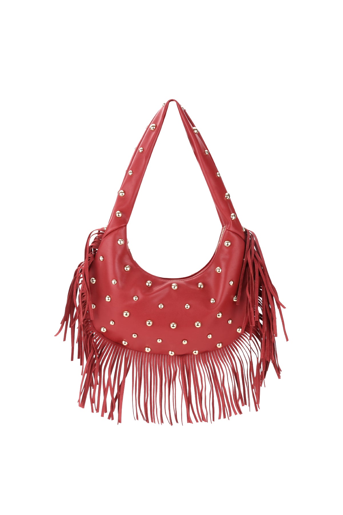 Bordeaux schoudertas met studs en franje details van vegan leer