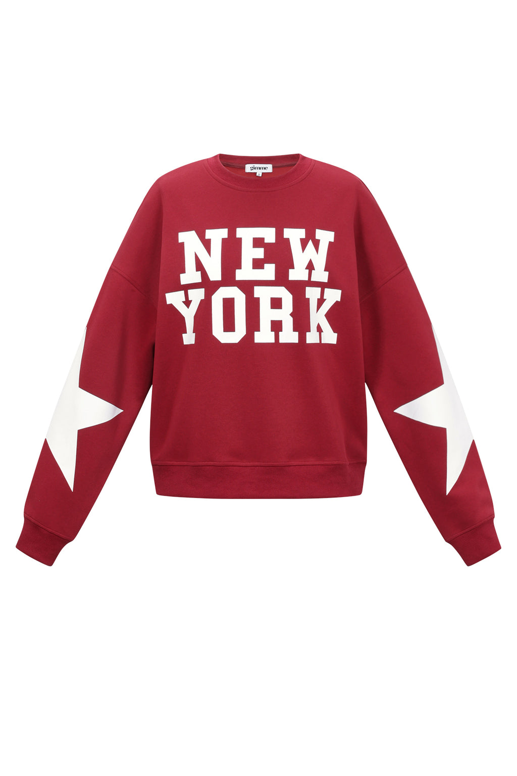 Bordeaux katoenen sweater met New York tekst en witte sterren op de mouwen