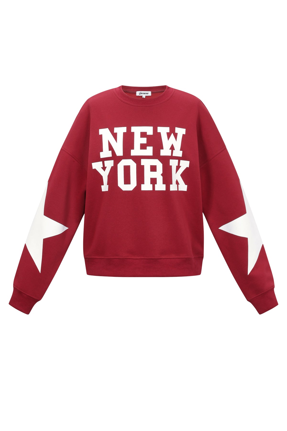 Bordeaux katoenen sweater met New York tekst en witte sterren op de mouwen