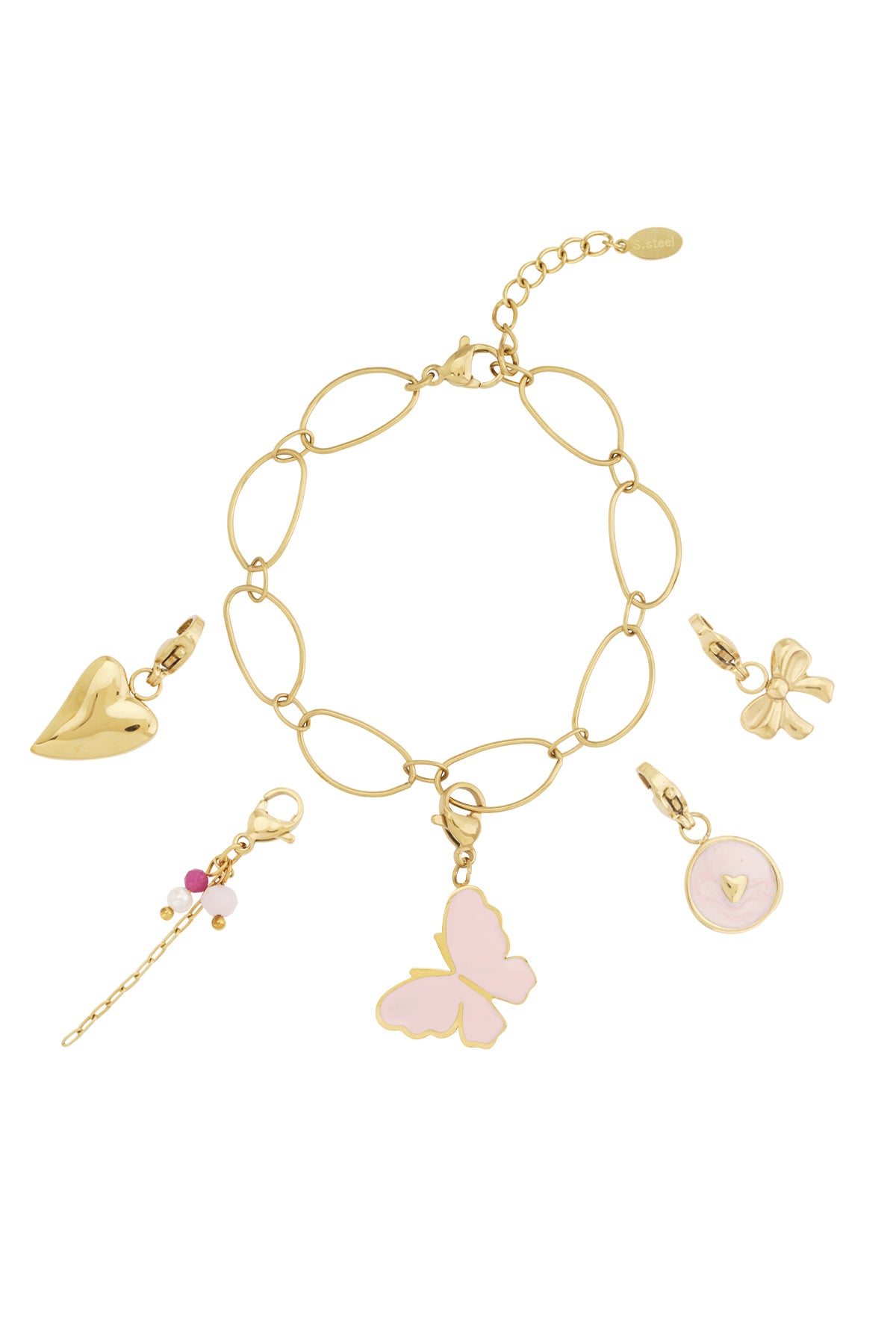 Roze gouden charm armband met vlinder hart en strik hangers van emaille