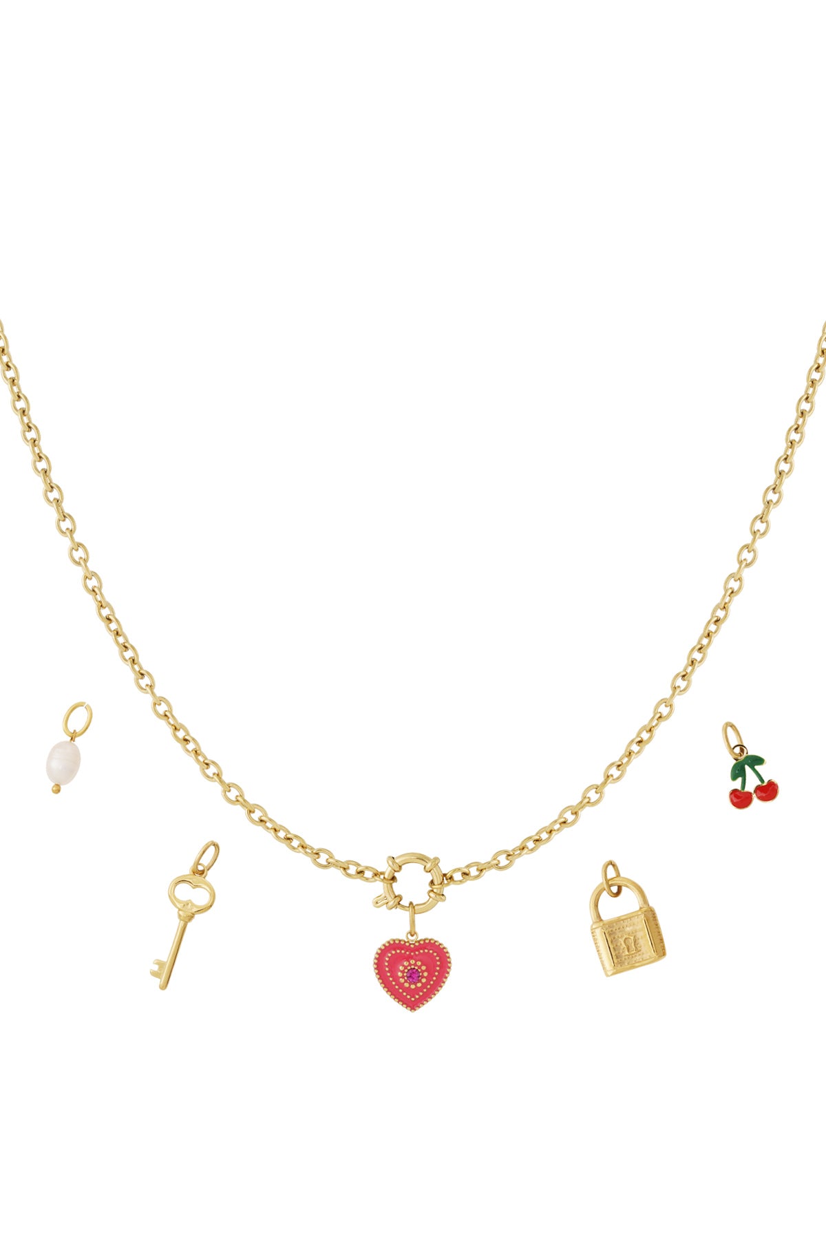 Goudkleurige DIY ketting met hart, sleutel, slot en kersen charmes van emaille