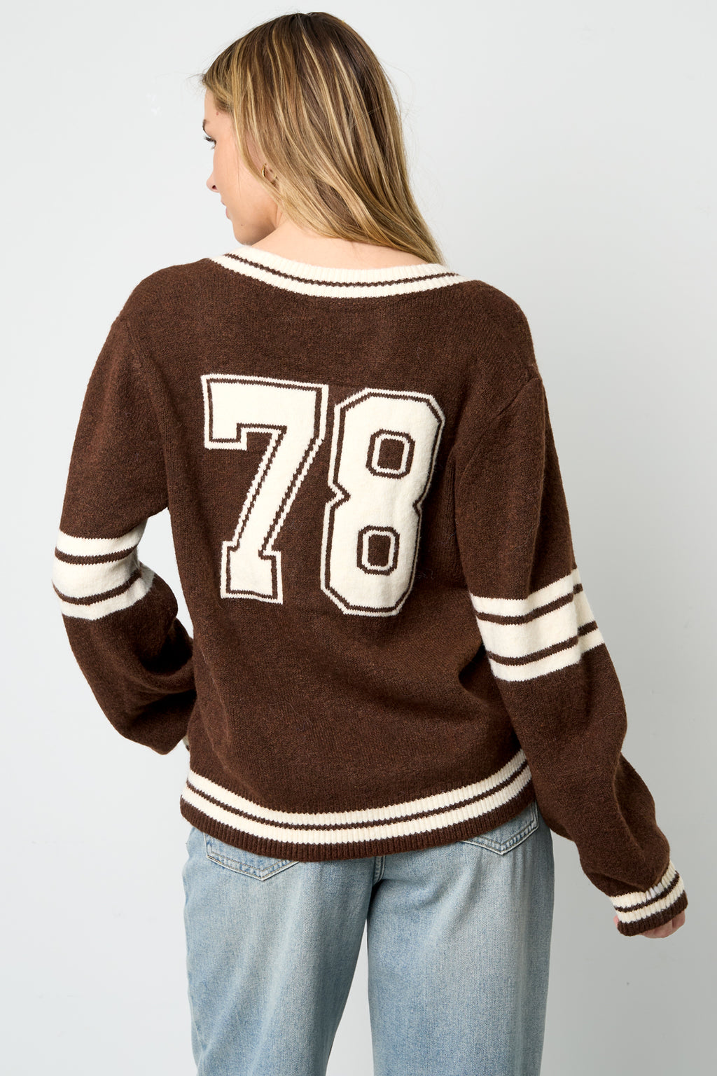 Knitted Polyester Fiber Women's V-Neck Sweater Sporty Contrast Stripes