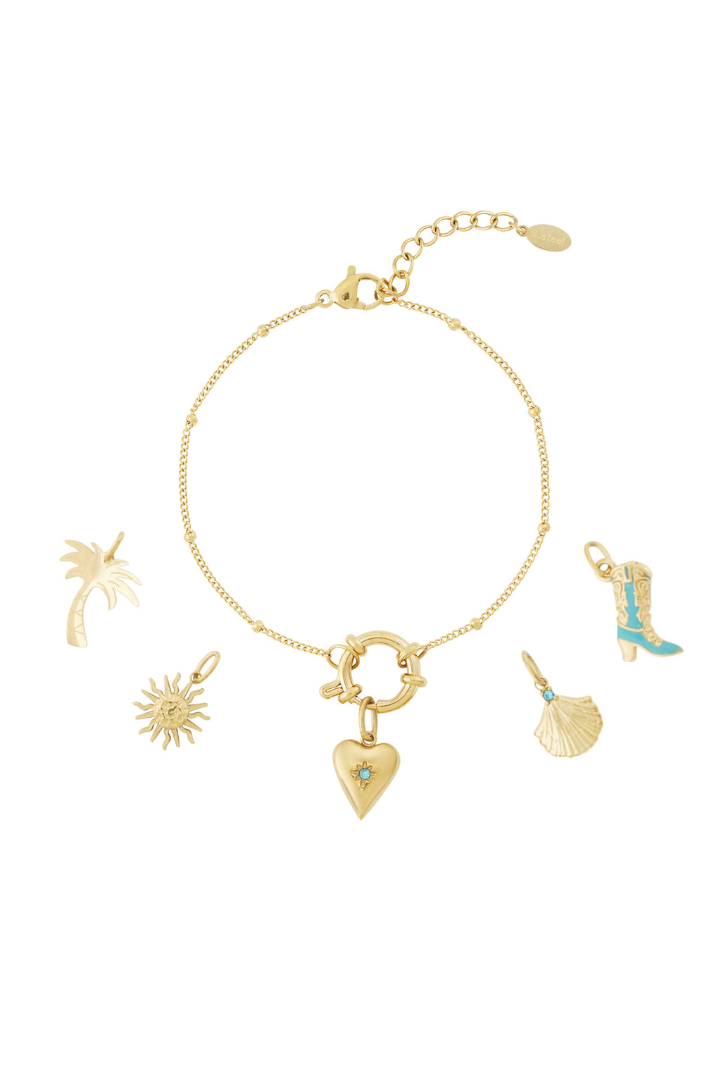 Goudkleurige schakelarmband met hart, schelp en laars charms
