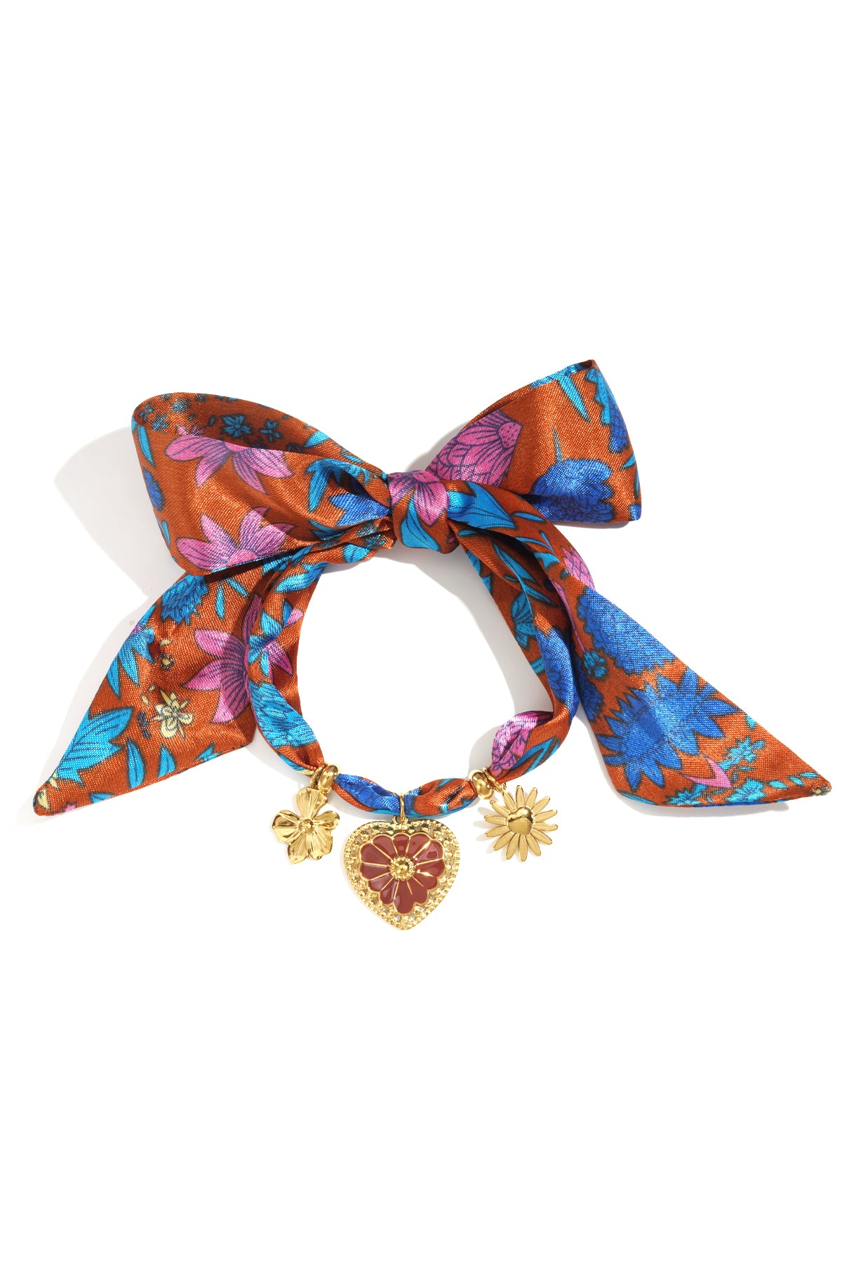 Multicolor zijden armband met bloemenprint en goudkleurige hart charmes