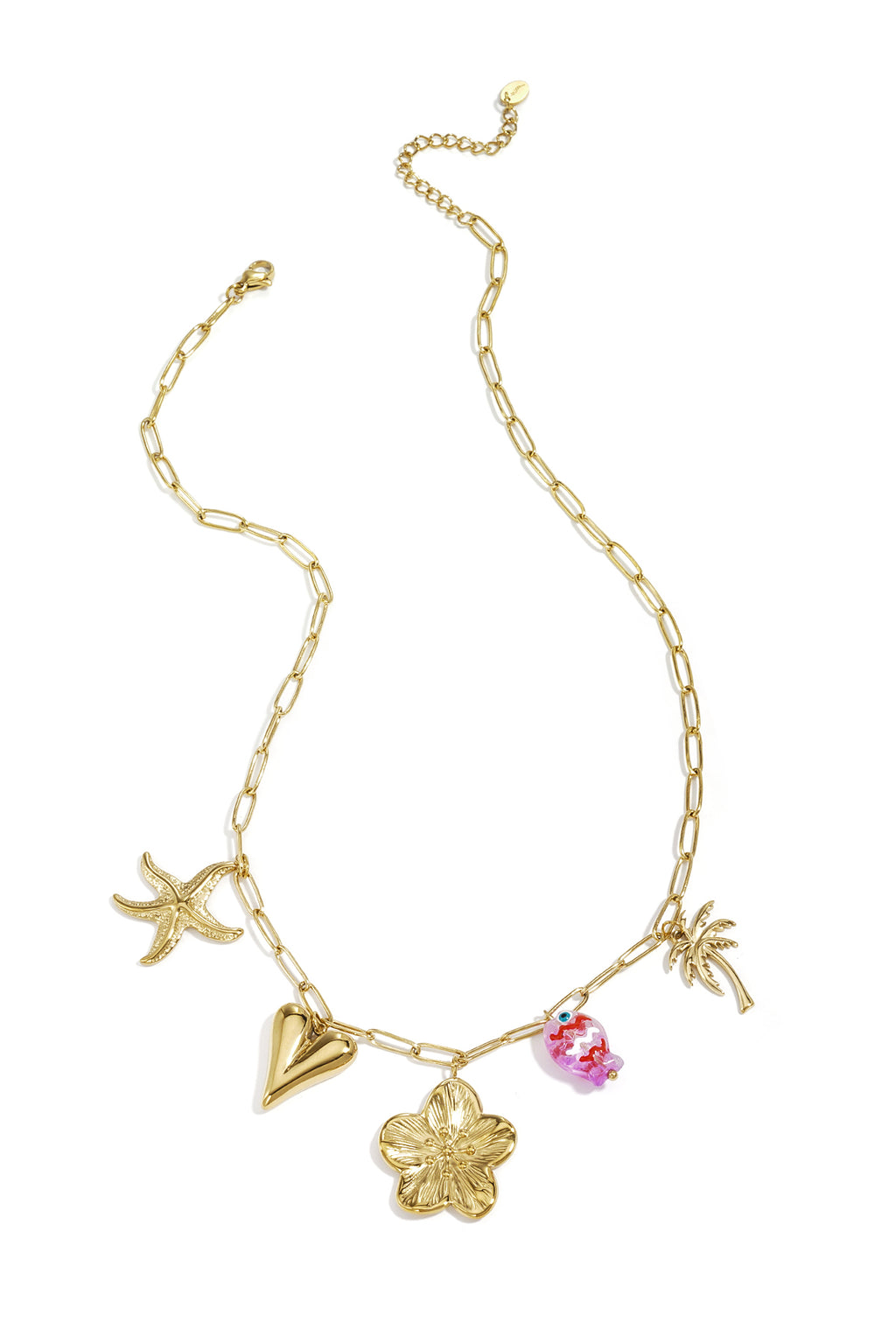 Goudkleurige schakel ketting met vliegtuig, bloem en diamant charmes