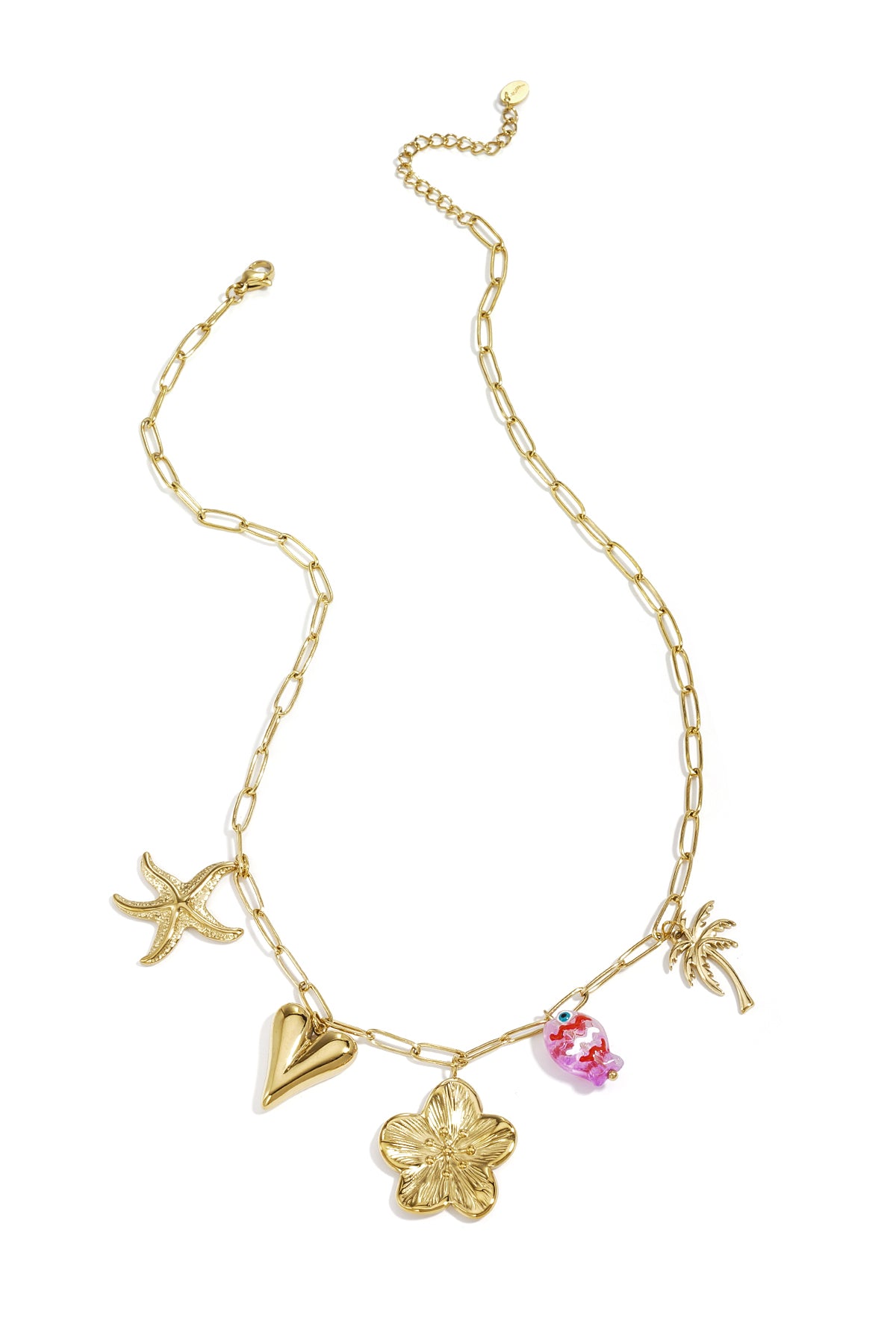 Goudkleurige schakel ketting met vliegtuig, bloem en diamant charmes