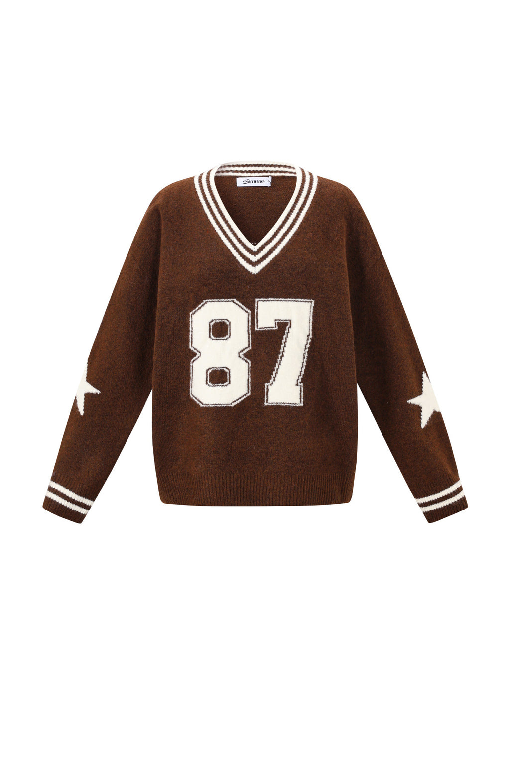 Bruine college sweater met wit nummer 87 en gestreepte details