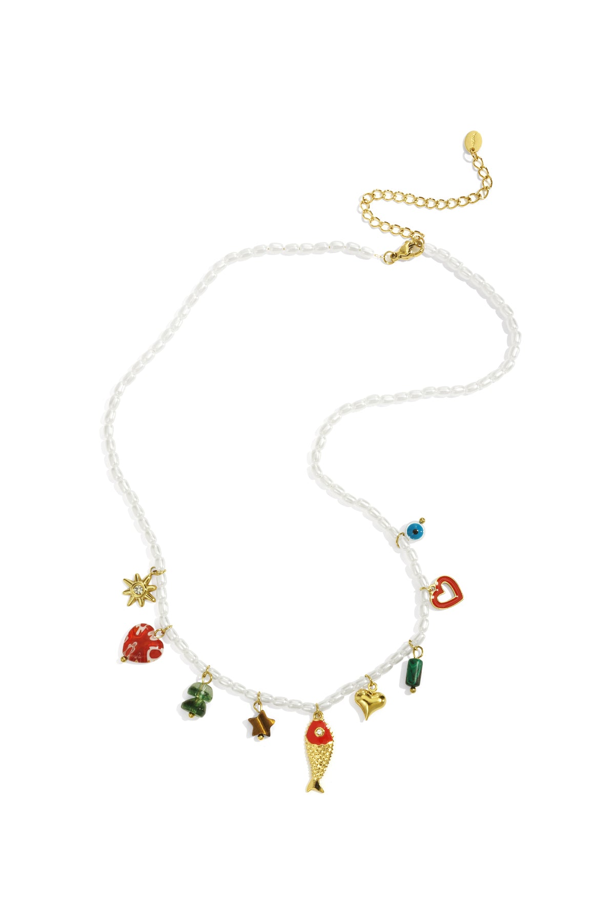 Witte parelketting met gekleurde kerst charmes van emaille