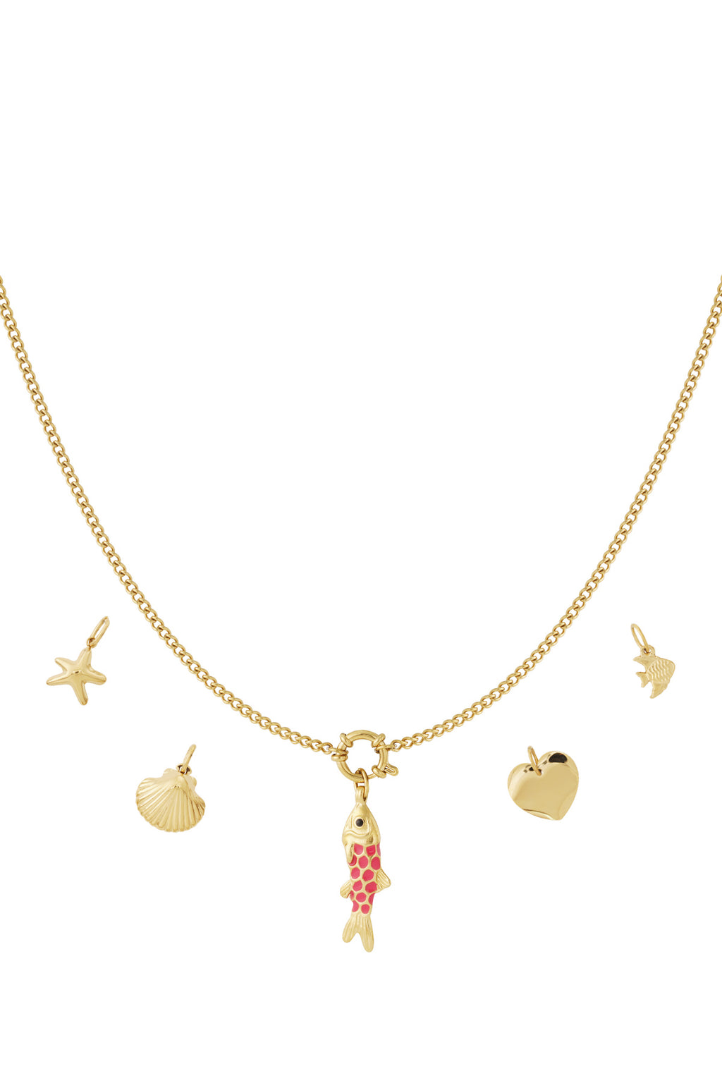 Gouden schakel ketting met rode vis, zeester, schelp en hart charmes