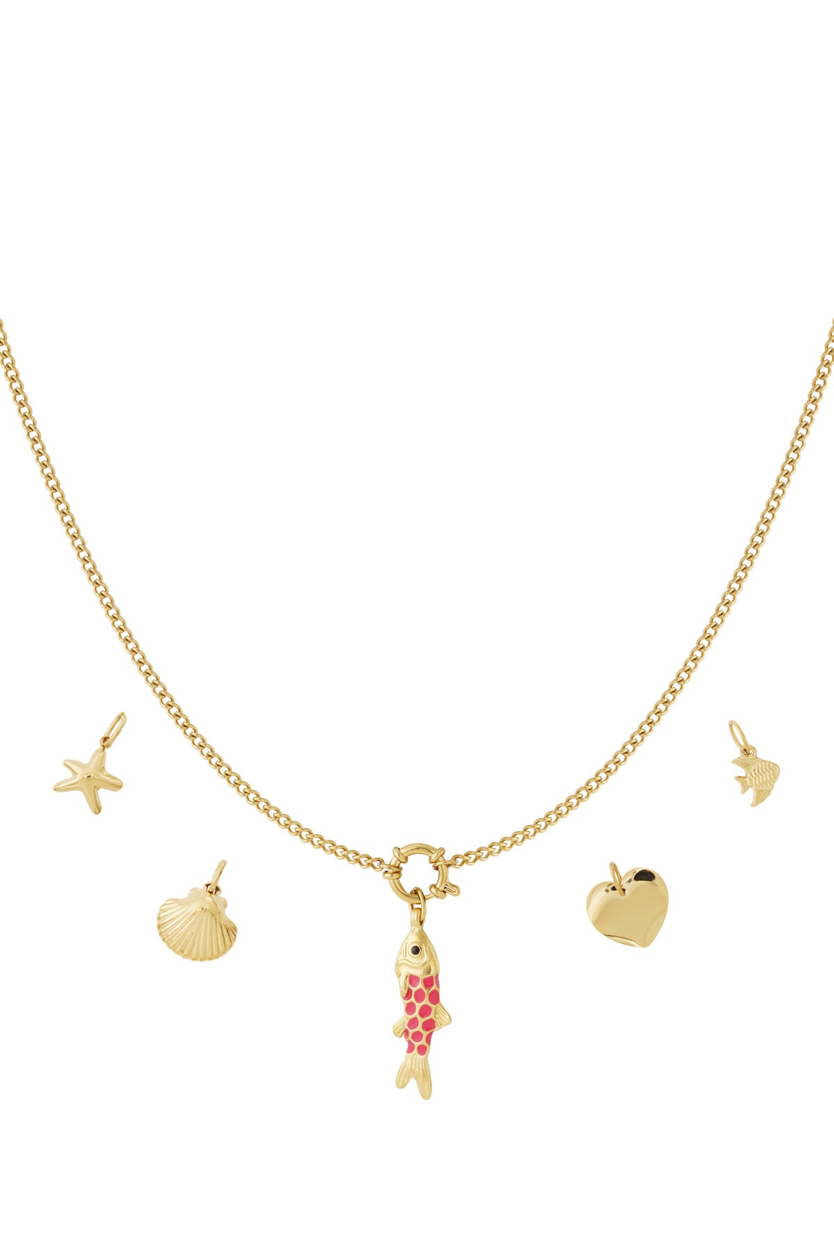 Gouden schakel ketting met rode vis, zeester, schelp en hart charmes