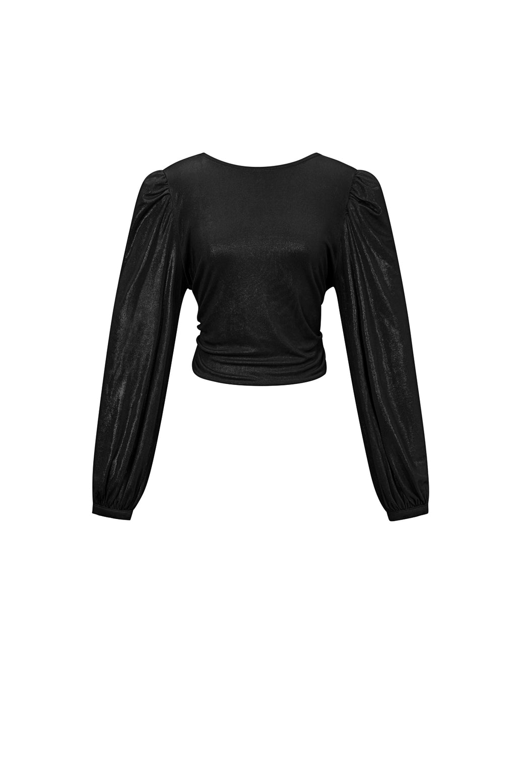 Zwarte gebreide crop top met opvallende puff mouwen en ronde halslijn