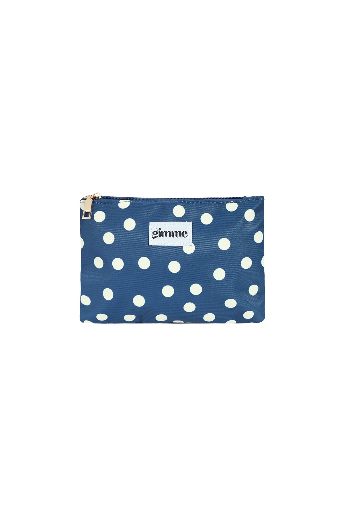 Donkerblauw make-up tasje met witte polkadots en Gimme logo