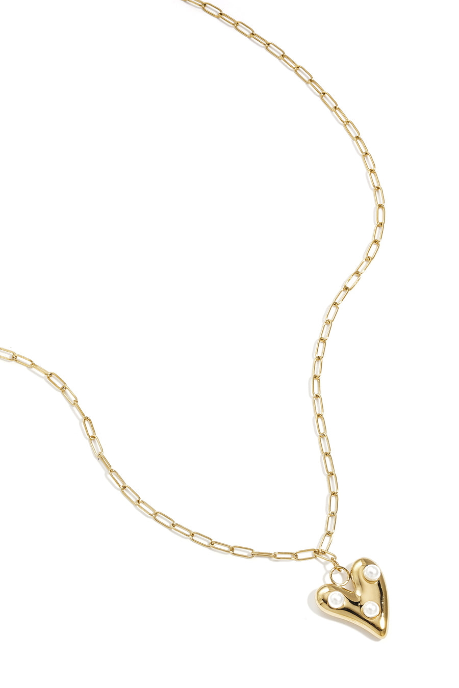 Goudkleurige schakel ketting met hart hanger en witte parelaccenten van roestvrij staal