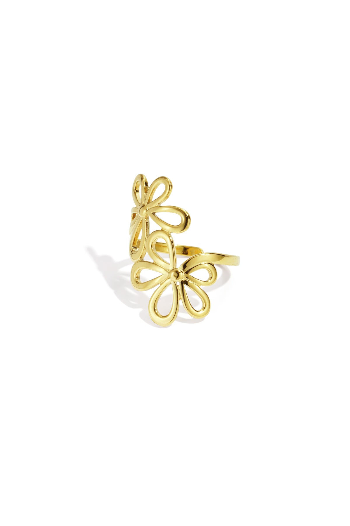 Gouden ring met twee opengewerkte bloemen van roestvrij staal