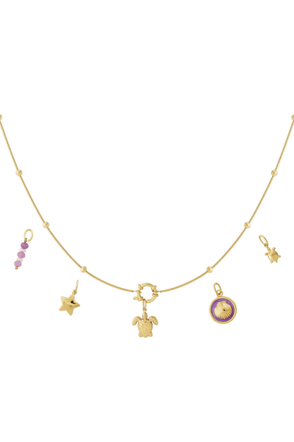 Gouden charm ketting met schildpad, sterretje en ronde hangers
