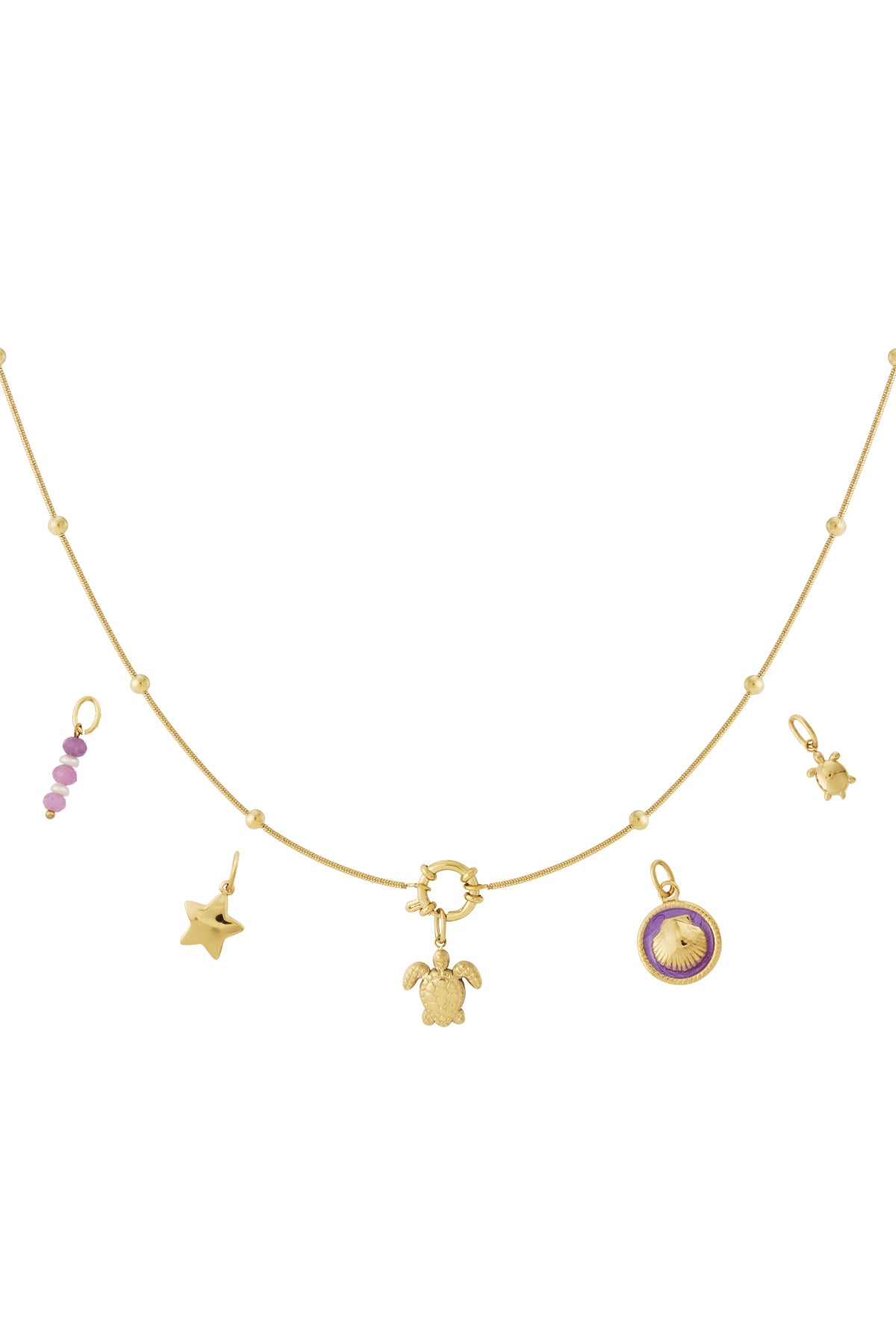 Gouden charm ketting met schildpad, sterretje en ronde hangers