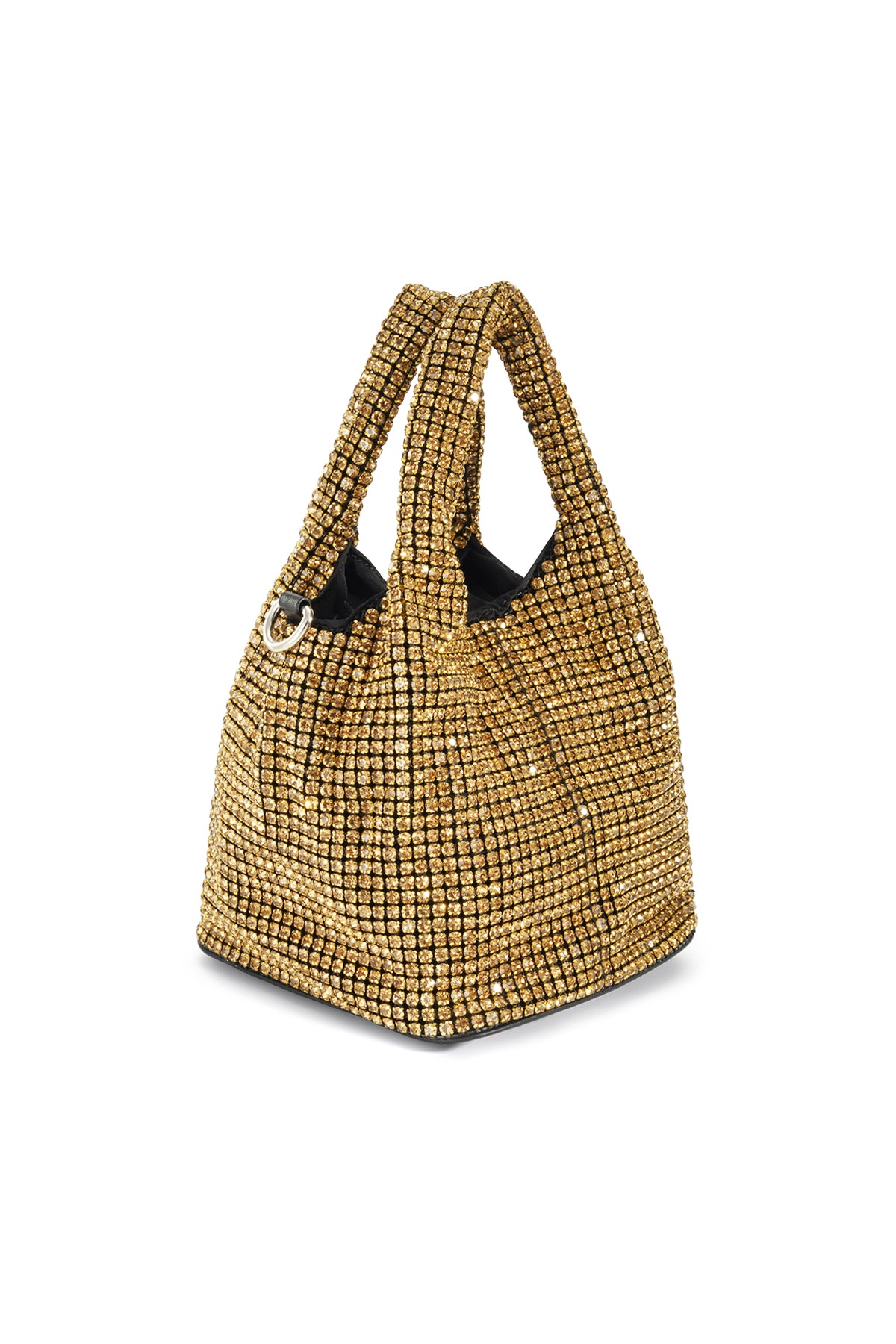 Goudkleurige mesh bucket tas met zwarte hengsels