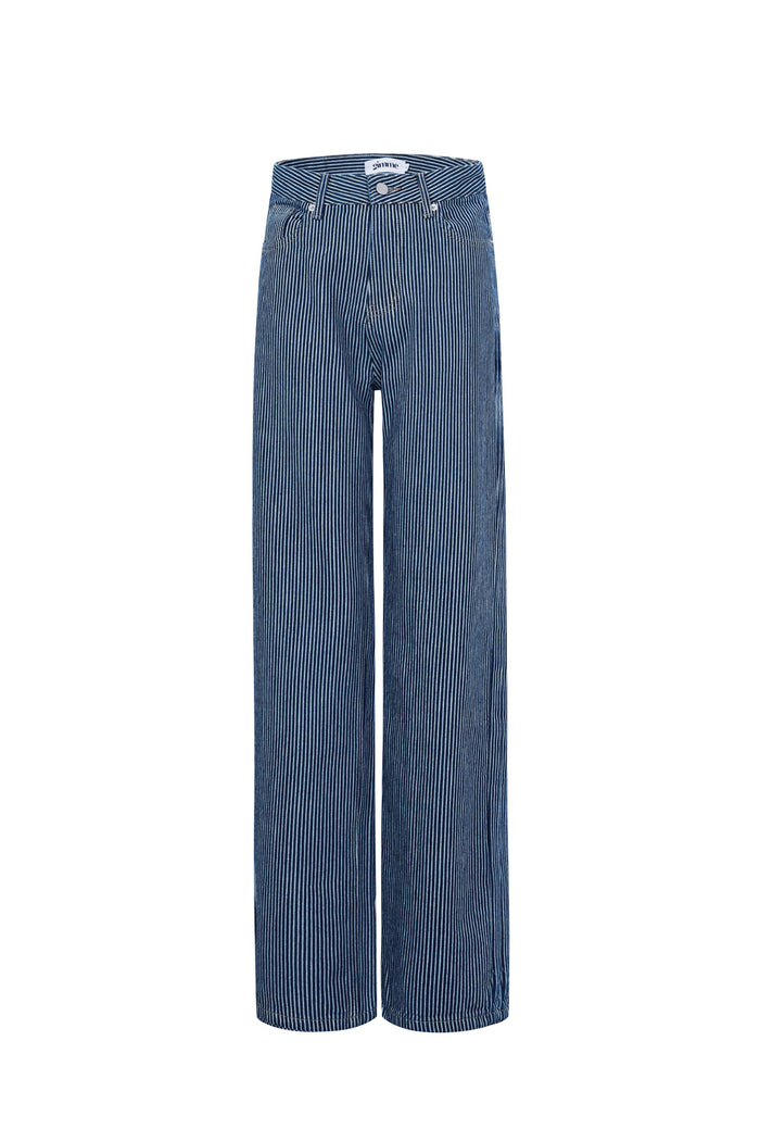Blauw gestreepte jeans met verticale lijnen en straight fit
