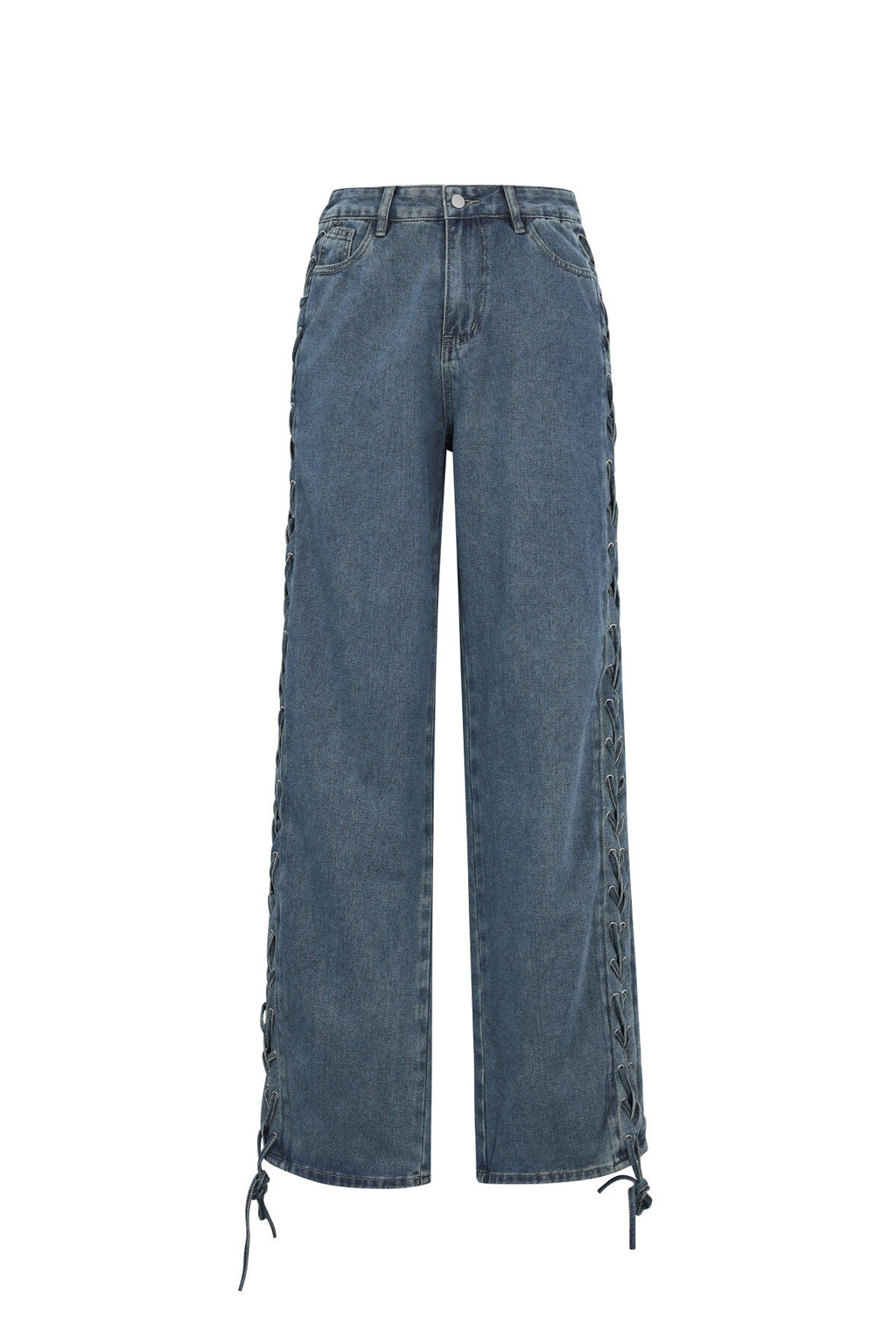 Blauwe straight leg jeans met lace-up veters langs de zijnaad